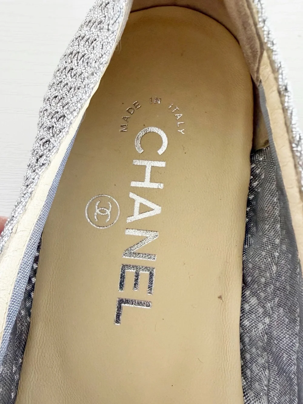 Chanel Metallic Silver Woven PVC Ballet Flats Black CC Cap Toe EU 38.5 US 8.5